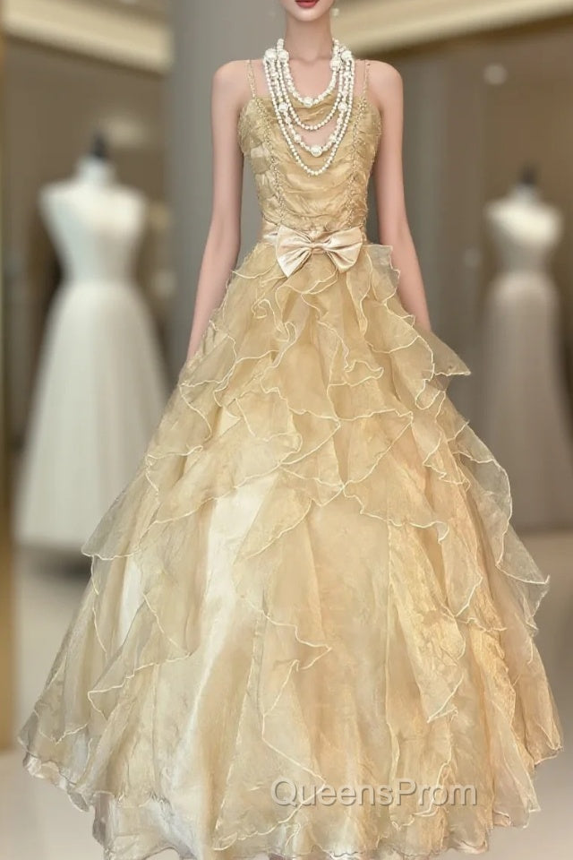 Vintage Ball Gown Spaghetti Straps Sleeveless Long Gold Evening Dress Evening Prom Dress Main image