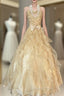 Vintage Ball Gown Spaghetti Straps Sleeveless Long Gold Evening Dress Evening Prom Dress