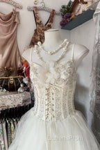 Vintage Ball Gown Spaghetti Straps Sleeveless Long White Evening Dress Evening Prom Dress