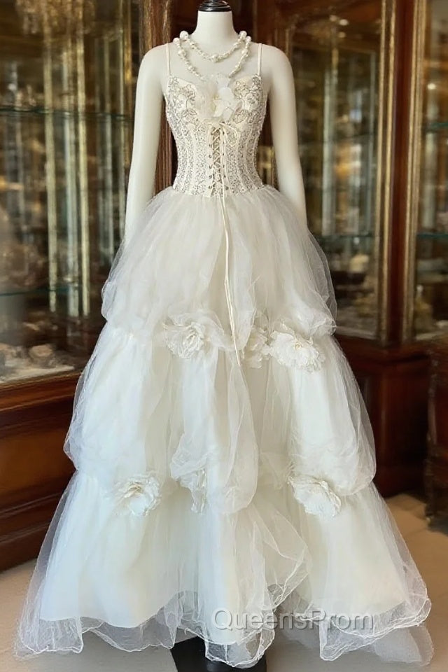 Vintage Ball Gown Spaghetti Straps Sleeveless Long White Evening Dress Evening Prom Dress Main image