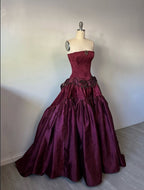 Vintage Ball Gown Strapless Burgundy Sleeveless Satin 90S Classy Classy Prom Dress Inspiration Party Dress Princess Graduation Dress