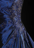 Vintage Ball Gown Strapless Navy Blue Satin Long Classy Prom Dress Party Dress