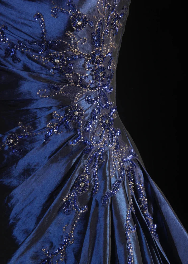Vintage Ball Gown Strapless Navy Blue Satin Long Classy Prom Dress Party Dress