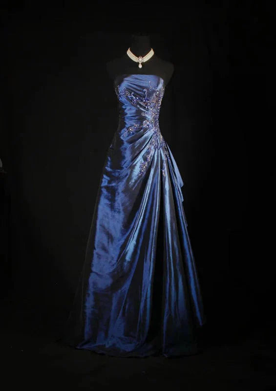 Vintage Ball Gown Strapless Navy Blue Satin Long Classy Prom Dress Party Dress