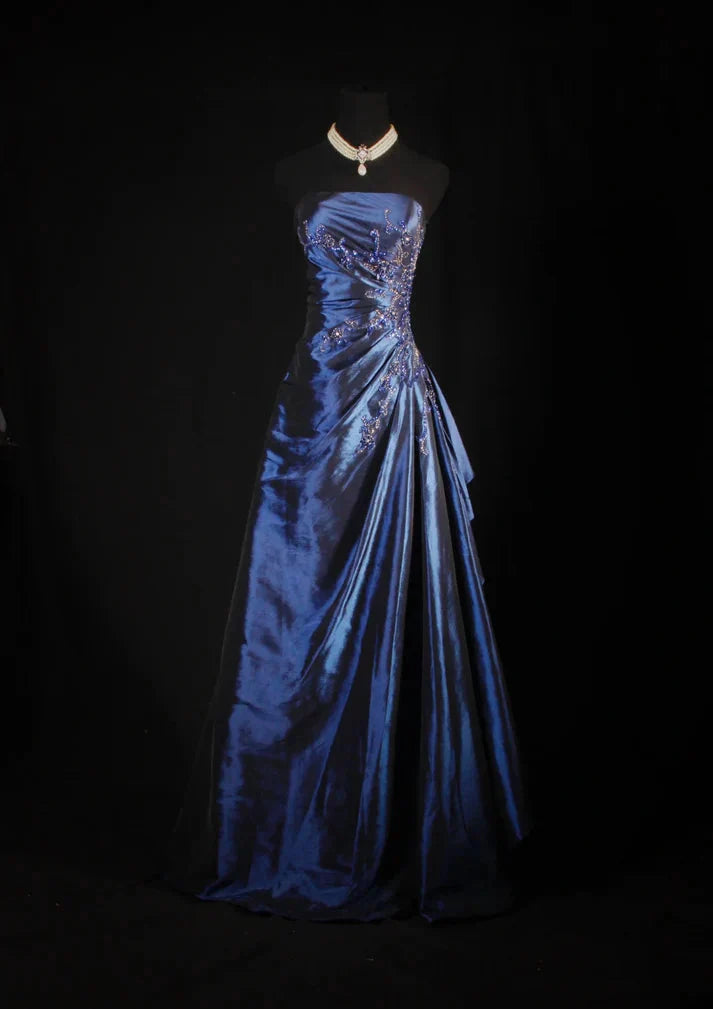 Vintage Ball Gown Strapless Navy Blue Satin Long Classy Prom Dress Party Dress Main image