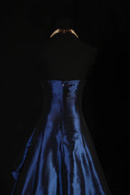 Vintage Ball Gown Strapless Navy Blue Satin Long Prom Dresses Party Dress