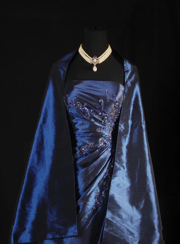 Vintage Ball Gown Strapless Navy Blue Satin Long Classy Prom Dress Party Dress