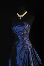 Vintage Ball Gown Strapless Navy Blue Satin Long Classy Prom Dress Party Dress