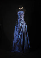 Vintage Ball Gown Strapless Navy Blue Satin Long Classy Prom Dress Party Dress