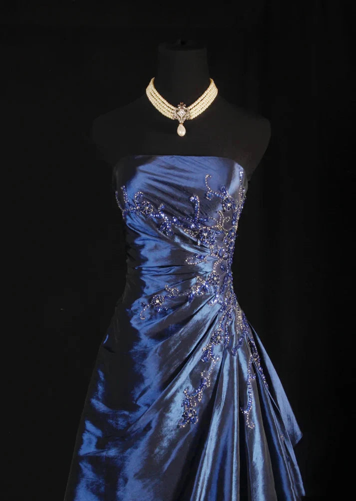 Vintage Ball Gown Strapless Navy Blue Satin Long Classy Prom Dress Party Dress