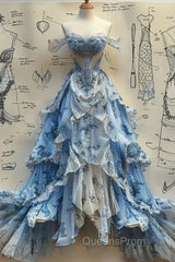 Vintage Ball Gown Strapless Off The Shoulder Blue Lace Evening Prom Dress Party Dress