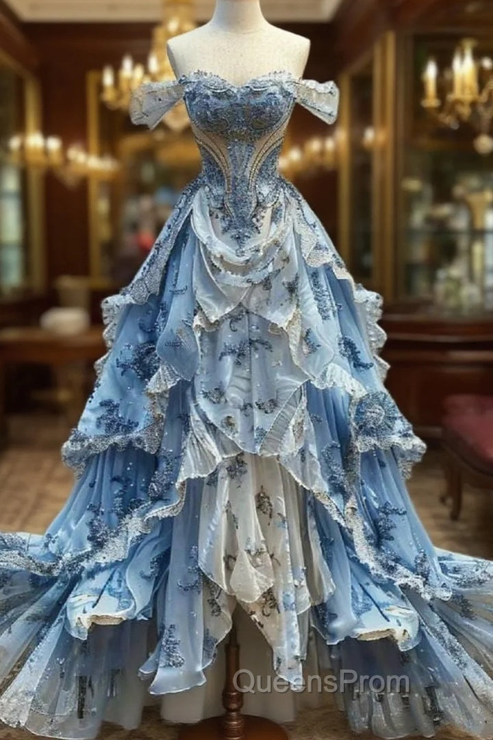 Vintage Ball Gown Strapless Off The Shoulder Blue Lace Evening Prom Dress Party Dress