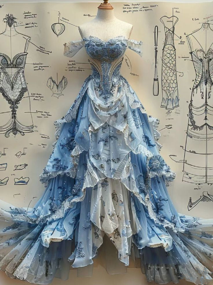 Vintage Ball Gown Strapless Off The Shoulder Blue Lace Classy Prom Dress Party Dress Main image
