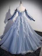 Vintage Ball Gown Strapless Satin Dusty Blue Tulle Long Evening Prom Dress Formal Dress