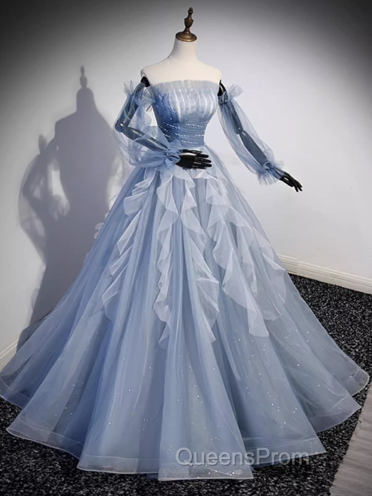 Vintage Ball Gown Strapless Satin Dusty Blue Tulle Long Evening Prom Dress Formal Dress