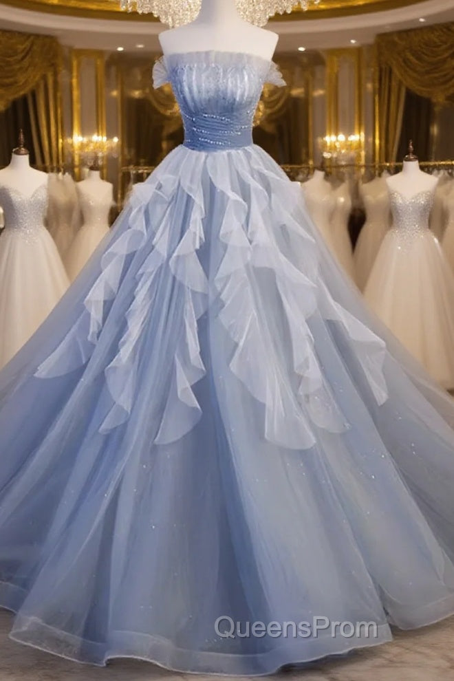 Vintage Ball Gown Strapless Satin Dusty Blue Tulle Long Evening Prom Dress Formal Dress Main image