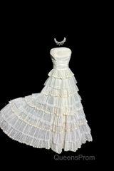 Vintage Ball Gown Strapless White Lace Evening Prom Gown Fairy Evening Prom Dress