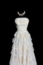 Vintage Ball Gown Strapless White Lace Evening Prom Gown Fairy Evening Prom Dress