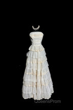 Vintage Ball Gown Strapless White Lace Evening Prom Gown Fairy Evening Prom Dress