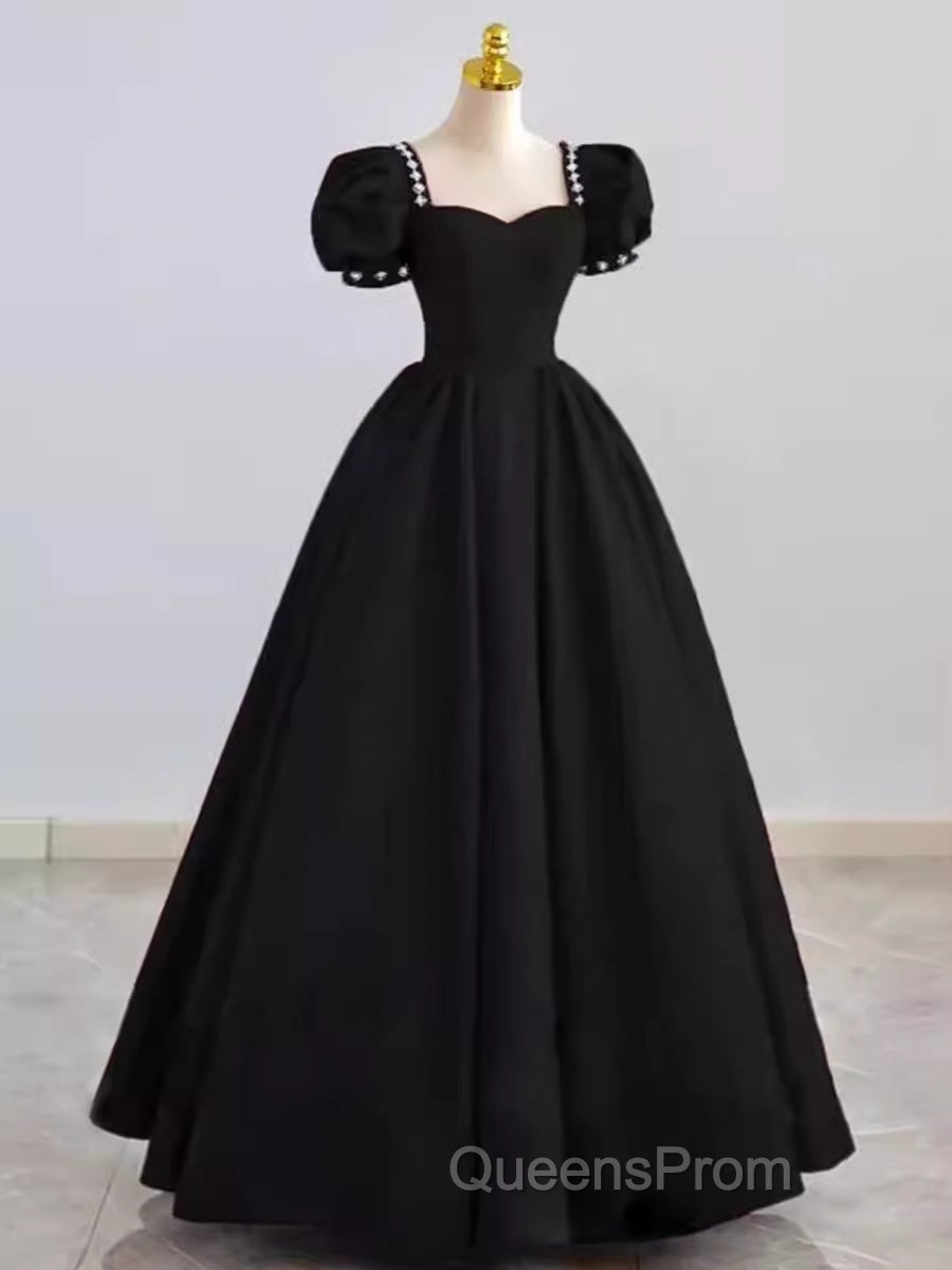 Vintage Ball Gown Sweetheart Satin Black Long Evening Prom Dress Formal Dress