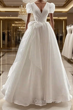Vintage Ball Gown V Neckline Chiffon White Long Wedding Dress Brides Dress