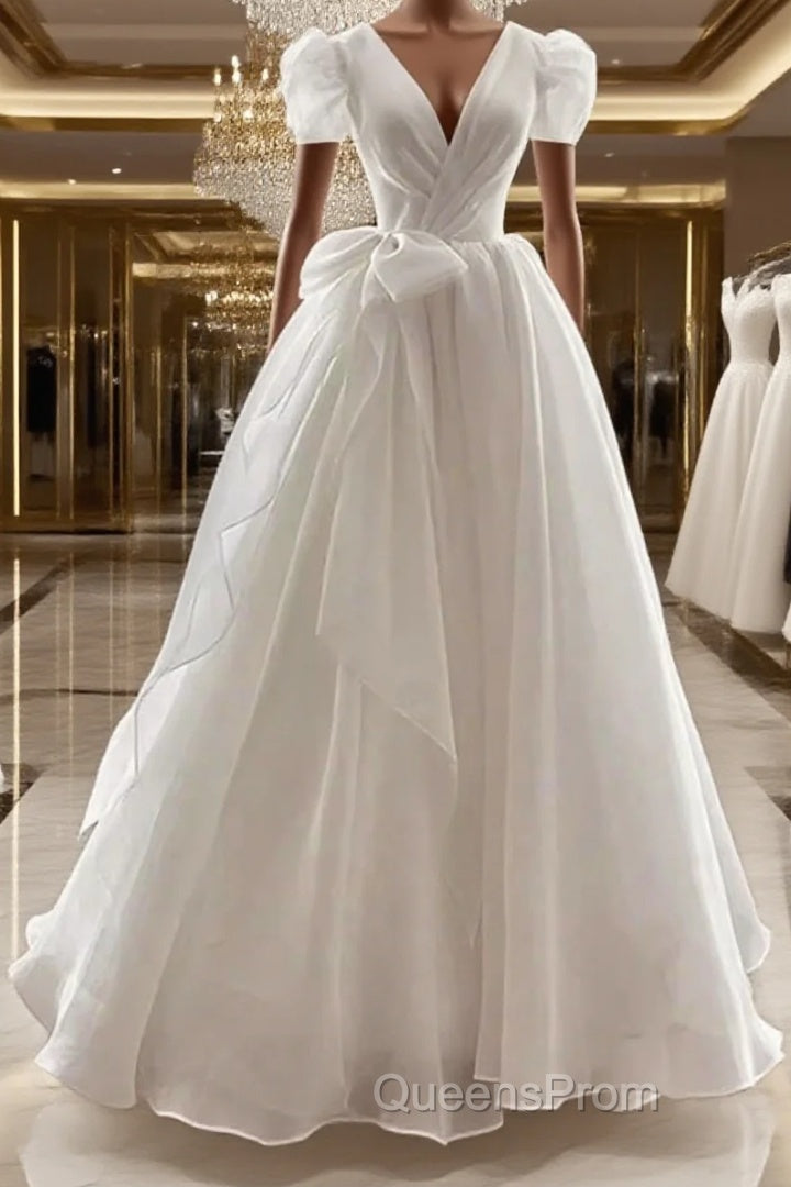 Vintage Ball Gown V Neckline Chiffon White Long Wedding Dress Brides Dress