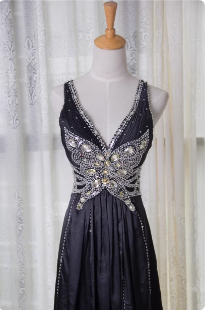 Vintage Black A-Line V-Neck Open Back Butterfly Rhinestone Beaded Satin Long Classy Prom Dress