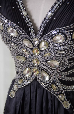 Vintage Black A-Line V-Neck Open Back Butterfly Rhinestone Beaded Satin Long Classy Prom Dress
