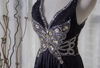 Vintage Black A-Line V-Neck Open Back Butterfly Rhinestone Beaded Satin Long Classy Prom Dress