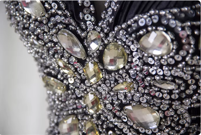 Vintage Black A-Line V-Neck Open Back Butterfly Rhinestone Beaded Satin Long Classy Prom Dress