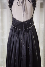Vintage Black A-Line V-Neck Open Back Butterfly Rhinestone Beaded Satin Long Classy Prom Dress