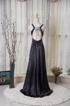 Vintage Black A-Line V-Neck Open Back Butterfly Rhinestone Beaded Satin Long Classy Prom Dress