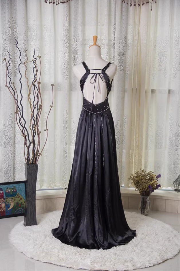 Vintage Black A-Line V-Neck Open Back Butterfly Rhinestone Beaded Satin Long Classy Prom Dress