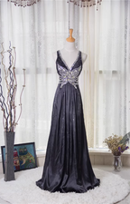 Vintage Black A-Line V-Neck Open Back Butterfly Rhinestone Beaded Satin Long Classy Prom Dress