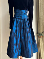 Vintage Black And Blue A-Line Long-Sleeved Velvet And Satin Classy Prom Dress