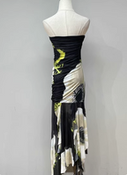Vintage Black Base Floral Print Irregular Strapless Chiffon Long Classy Prom Dress
