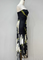 Vintage Black Base Floral Print Irregular Strapless Chiffon Long Classy Prom Dress