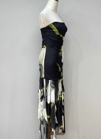 Vintage Black Base Floral Print Irregular Strapless Chiffon Long Classy Prom Dress