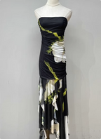 Vintage Black Base Floral Print Irregular Strapless Chiffon Long Classy Prom Dress