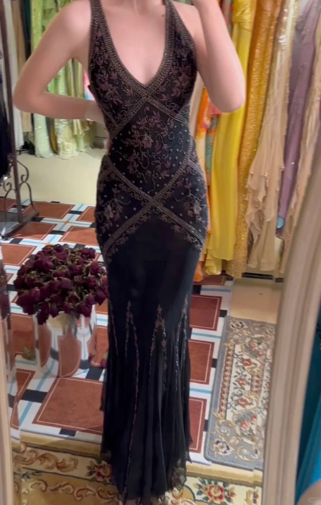 Vintage Black Beaded Halter Neck Mermaid Chiffon Prom Dress For Party Enchanted Backless Sleeveless Evening Gown
