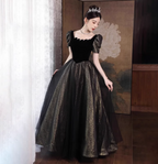 Vintage Black & Gold A-Line Square Neck Puff Sleeve Velvet Gold Shimmer Tulle Long Classy Prom Dress