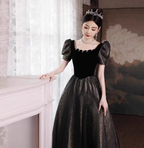 Vintage Black & Gold A-Line Square Neck Puff Sleeve Velvet Gold Shimmer Tulle Long Classy Prom Dress