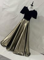 Vintage Black & Gold Panel A-Line V-Neck Short Sleeve Velvet Satin Long Classy Prom Dress