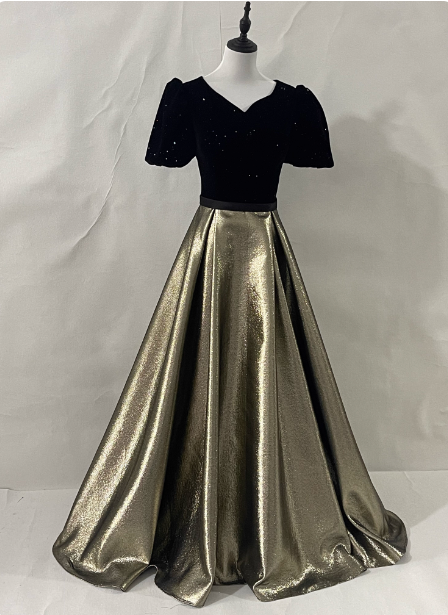 Vintage Black & Gold Panel A-Line V-Neck Short Sleeve Velvet Satin Long Classy Prom Dress Main image