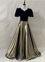 Vintage Black & Gold Panel A-Line V-Neck Short Sleeve Velvet Satin Long Classy Prom Dress