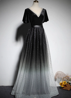 Vintage Black-Gray Gradient A-Line V-Neck Velvet Tulle Long Classy Prom Dress