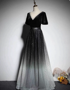Vintage Black-Gray Gradient A-Line V-Neck Velvet Tulle Long Classy Prom Dress