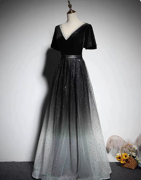 Vintage Black-Gray Gradient A-Line V-Neck Velvet Tulle Long Classy Prom Dress