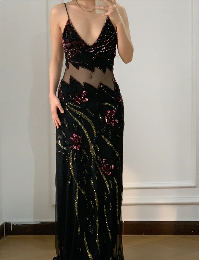Vintage Black Mermaid Beaded Sequined Floral Cutout Tulle Long Classy Prom Dress Secondary image