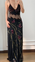 Vintage Black Mermaid Beaded Sequined Floral Cutout Tulle Long Classy Prom Dress